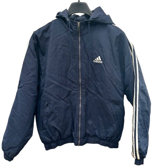 Vintage 1990s Y2K Adidas 3 Stripe Blue Nylon Hooded Winter Jacket Medium M - Picture 1 of 5
